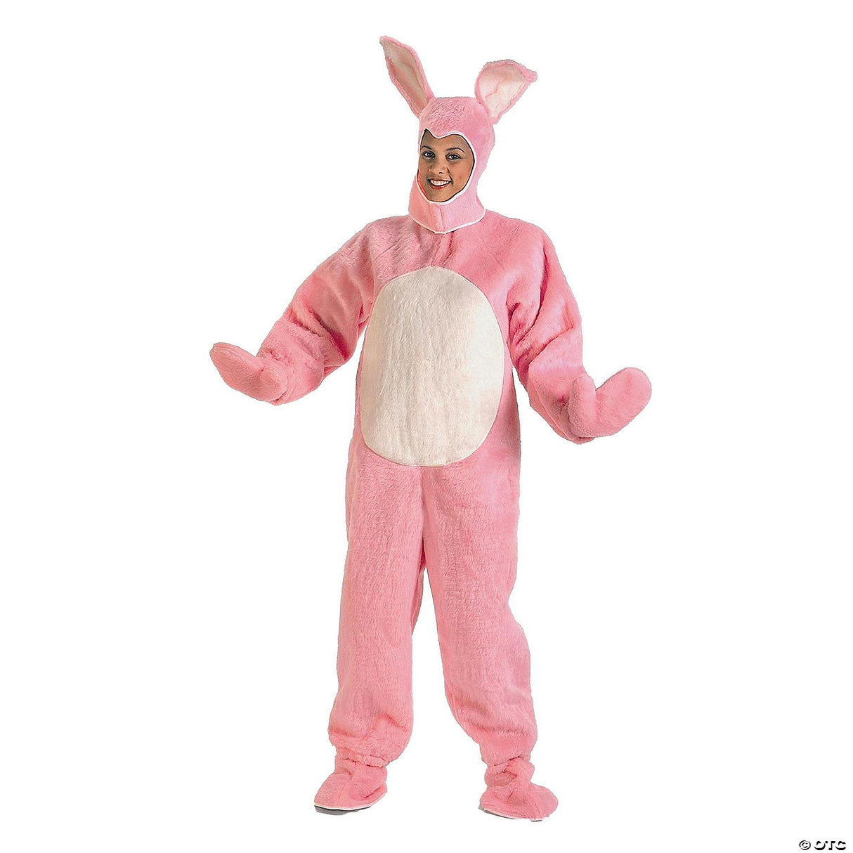 ADLT BUNNY SUIT W/MASCOT HEAD PNK MD