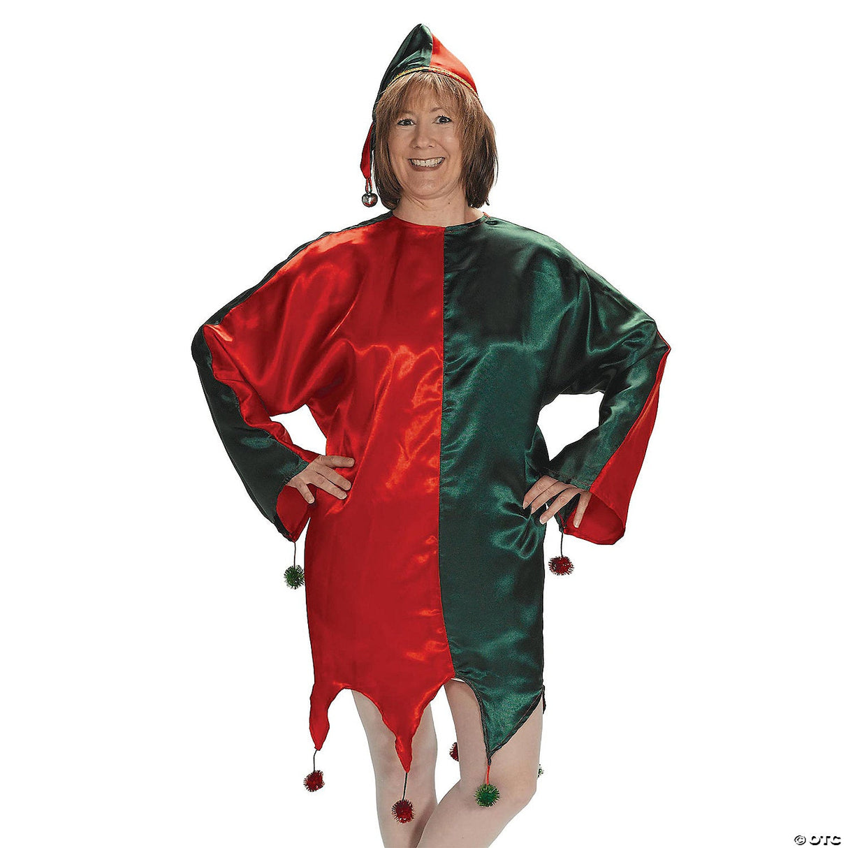 Adult Satin Jingle Elf Costume – Christmas Holiday Santa Helper Outfit