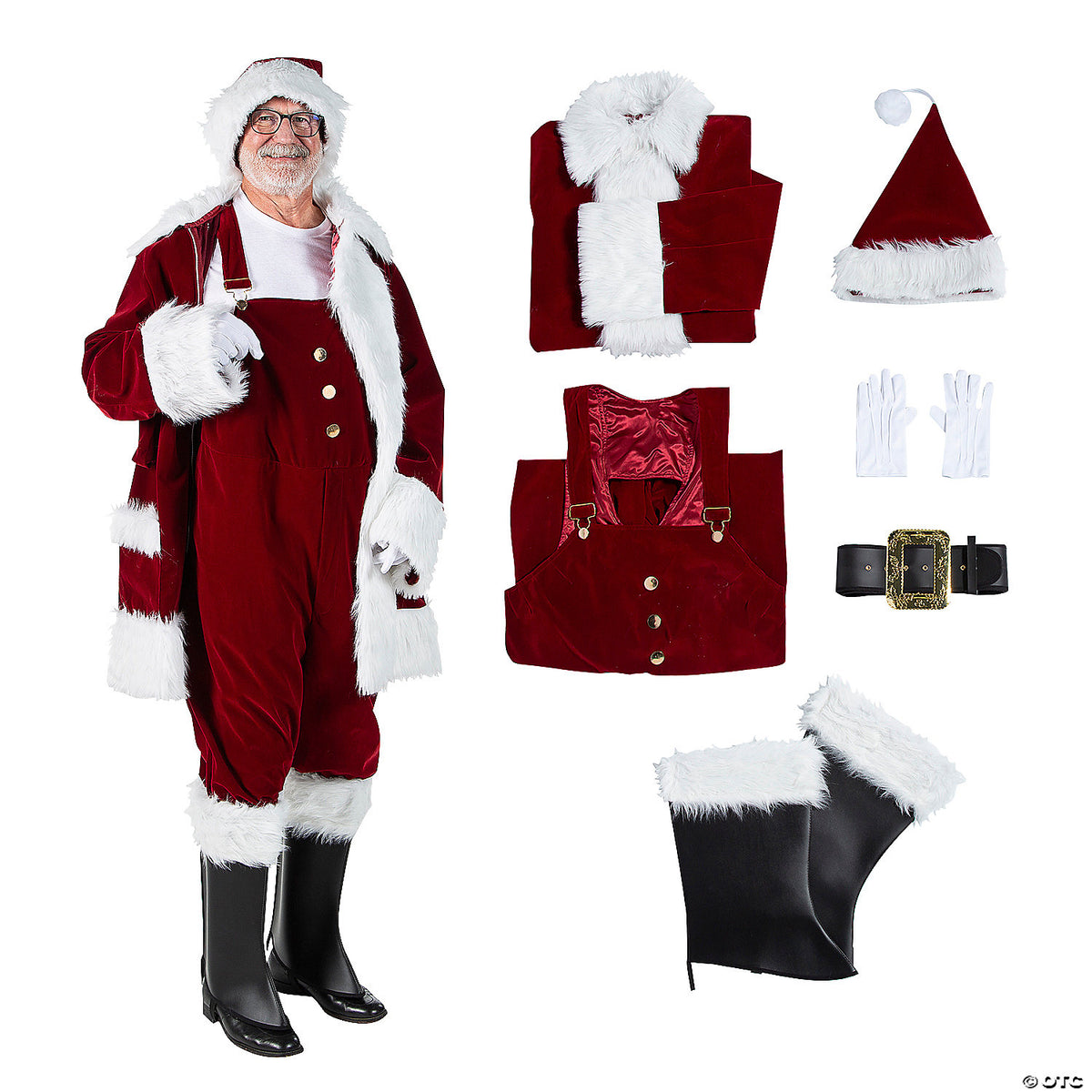 Men's Burgundy Velvet Santa Suit with Overalls Costume - LG