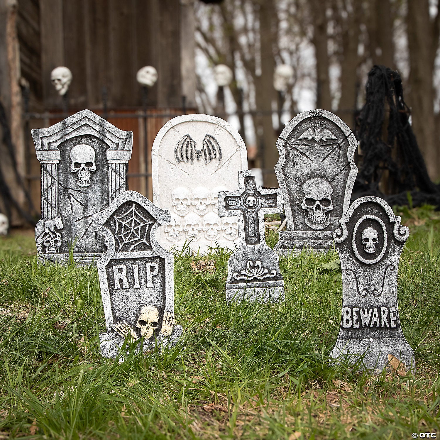 Bat & Skull Foam Tombstone Halloween Decorations Set – 6 Pc.