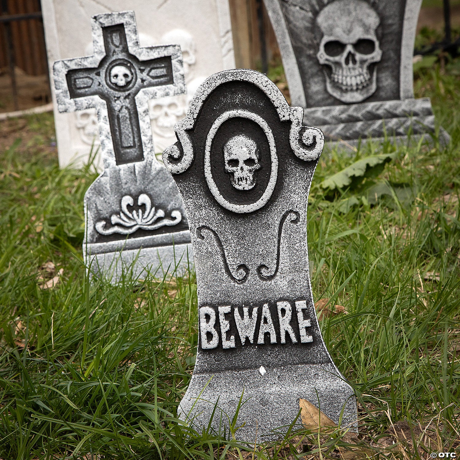 Bat & Skull Foam Tombstone Halloween Decorations Set – 6 Pc.