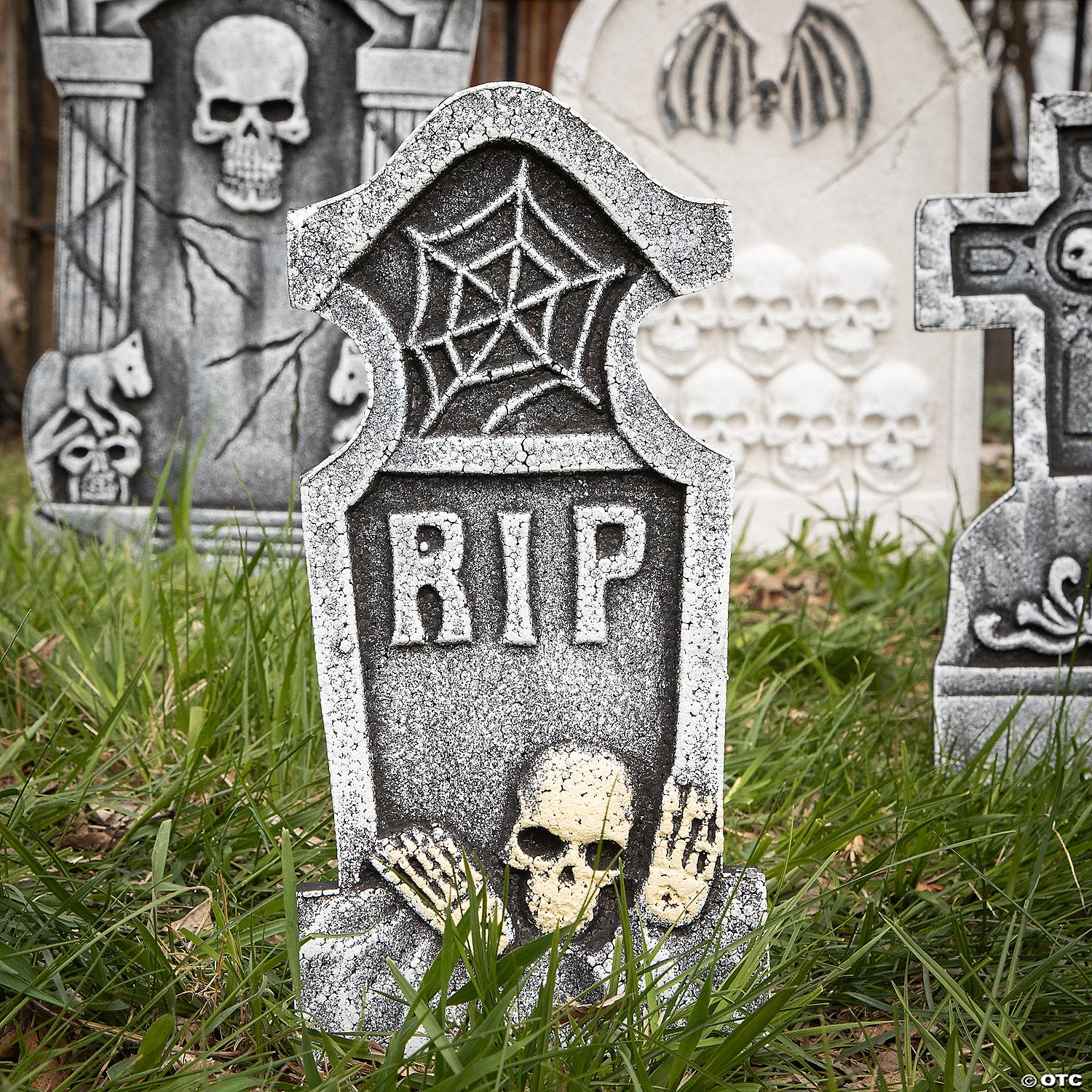 Bat & Skull Foam Tombstone Halloween Decorations Set – 6 Pc.