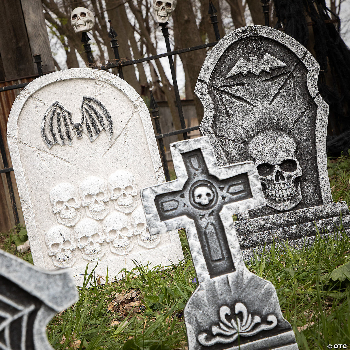 Bat & Skull Foam Tombstone Halloween Decorations Set – 6 Pc.