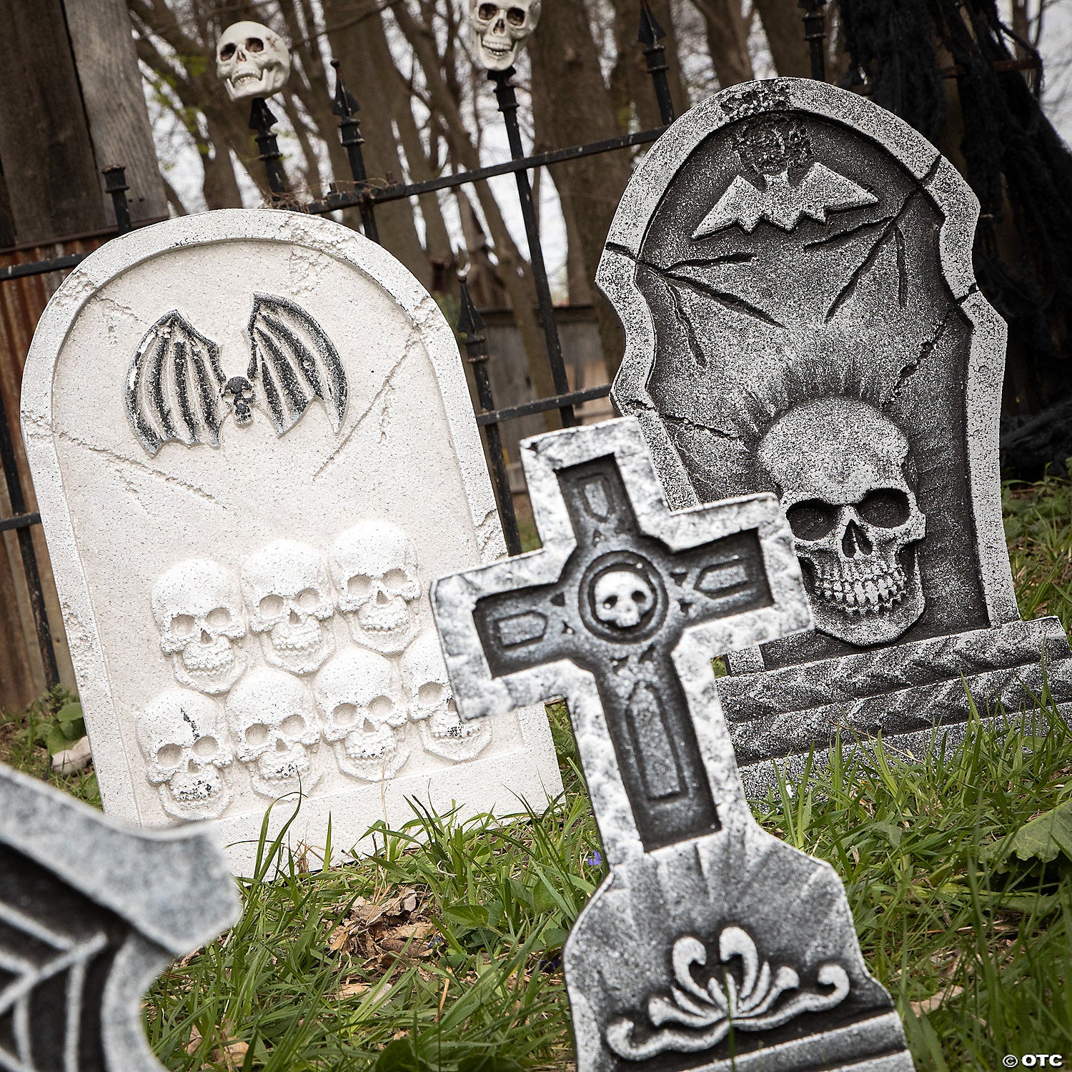 Bat & Skull Foam Tombstone Halloween Decorations Set – 6 Pc.