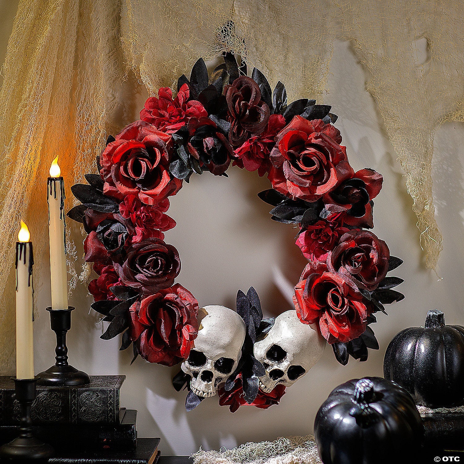 16 3/4" X 3 1/2" Red & Black Flower Wreath With Skulls Halloween Decoration