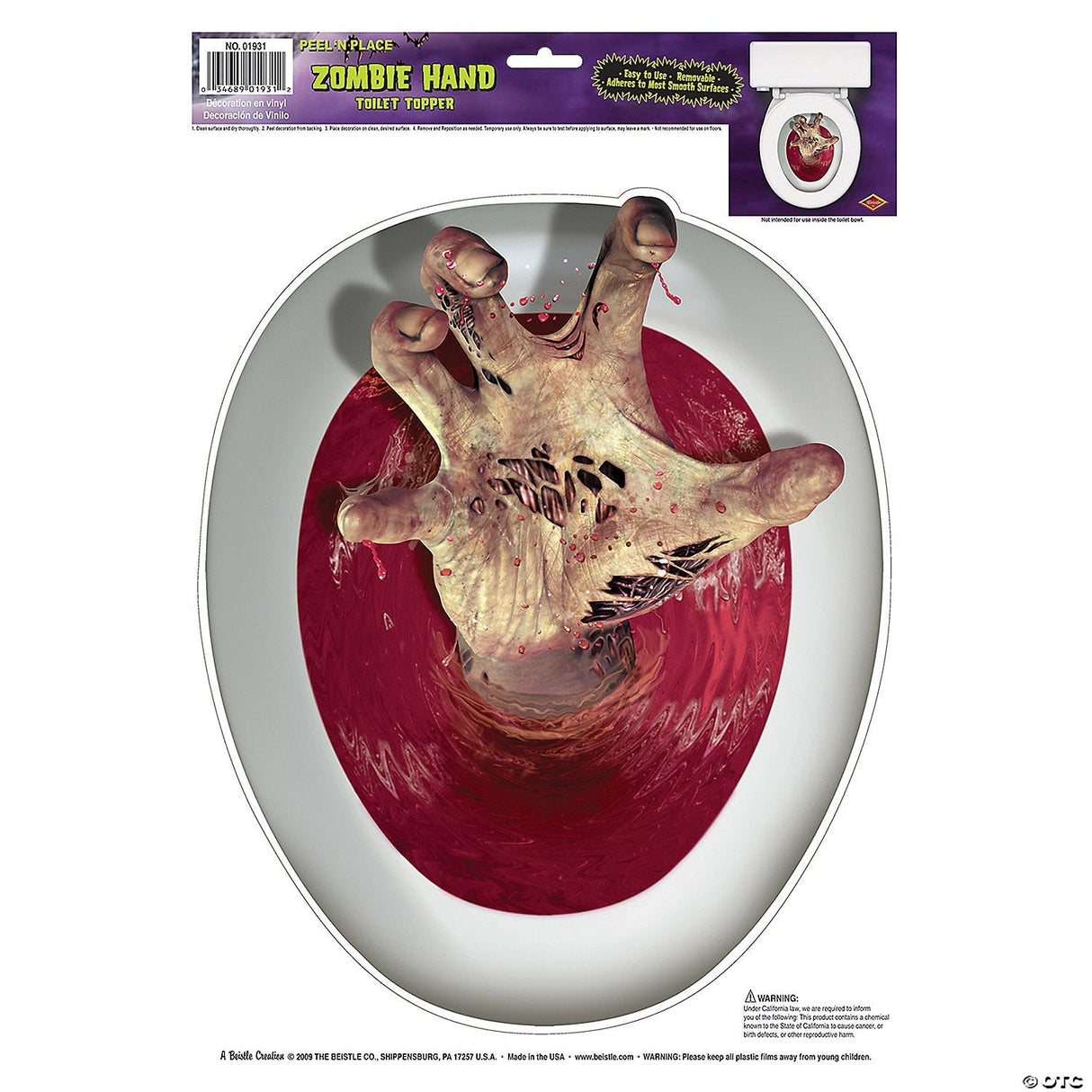 Zombie Hand Toilet Topper Peel N Place – Halloween Bathroom Decoration Prop