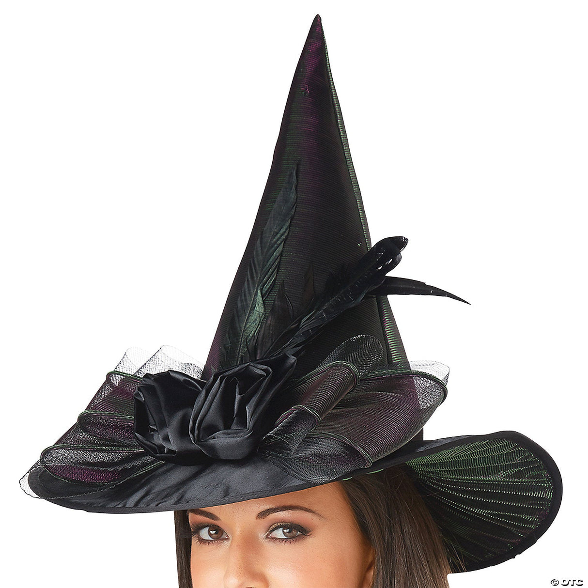 Adults Deluxe Black Witch Hat With Silver Glitter & Tulle
