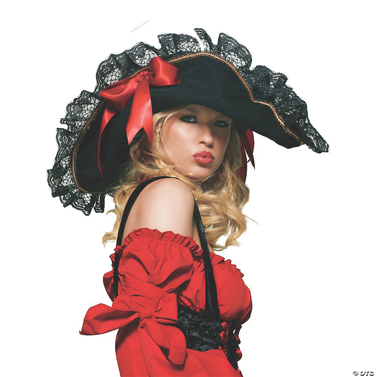 Women's Black Swashbuckler Pirate Hat with Lace and Red Ribbon Accessory