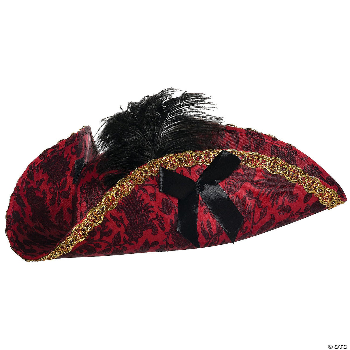Adults Black & Red Fancy Tricorne Hat with Feather – Pirate Cosplay Halloween
