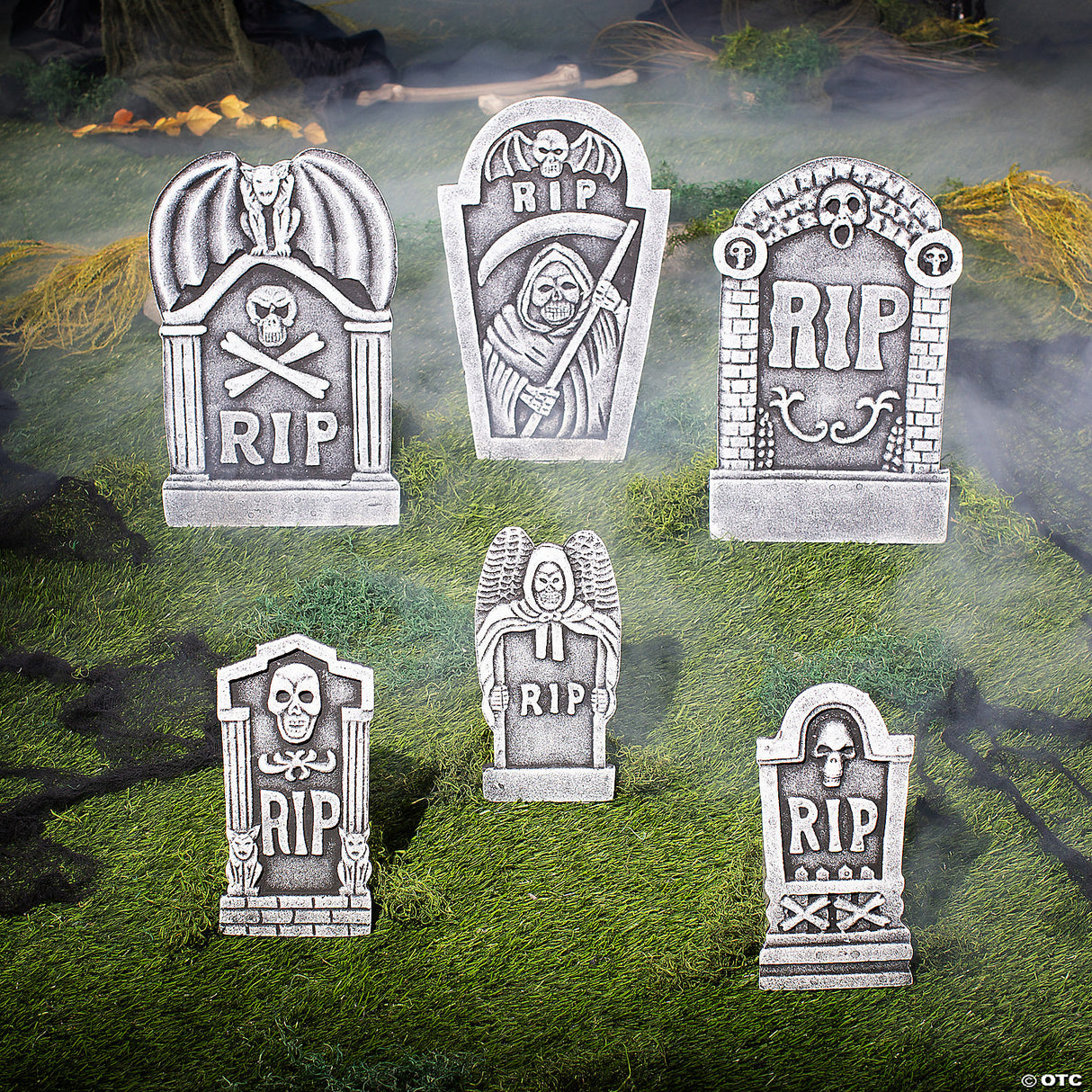 Grim Reaper Rip Foam Tombstone Halloween Decorations Set – 6 Pc.