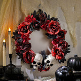 16 3/4" X 3 1/2" Red & Black Flower Wreath With Skulls Halloween Decoration