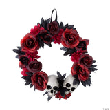 16 3/4" X 3 1/2" Red & Black Flower Wreath With Skulls Halloween Decoration