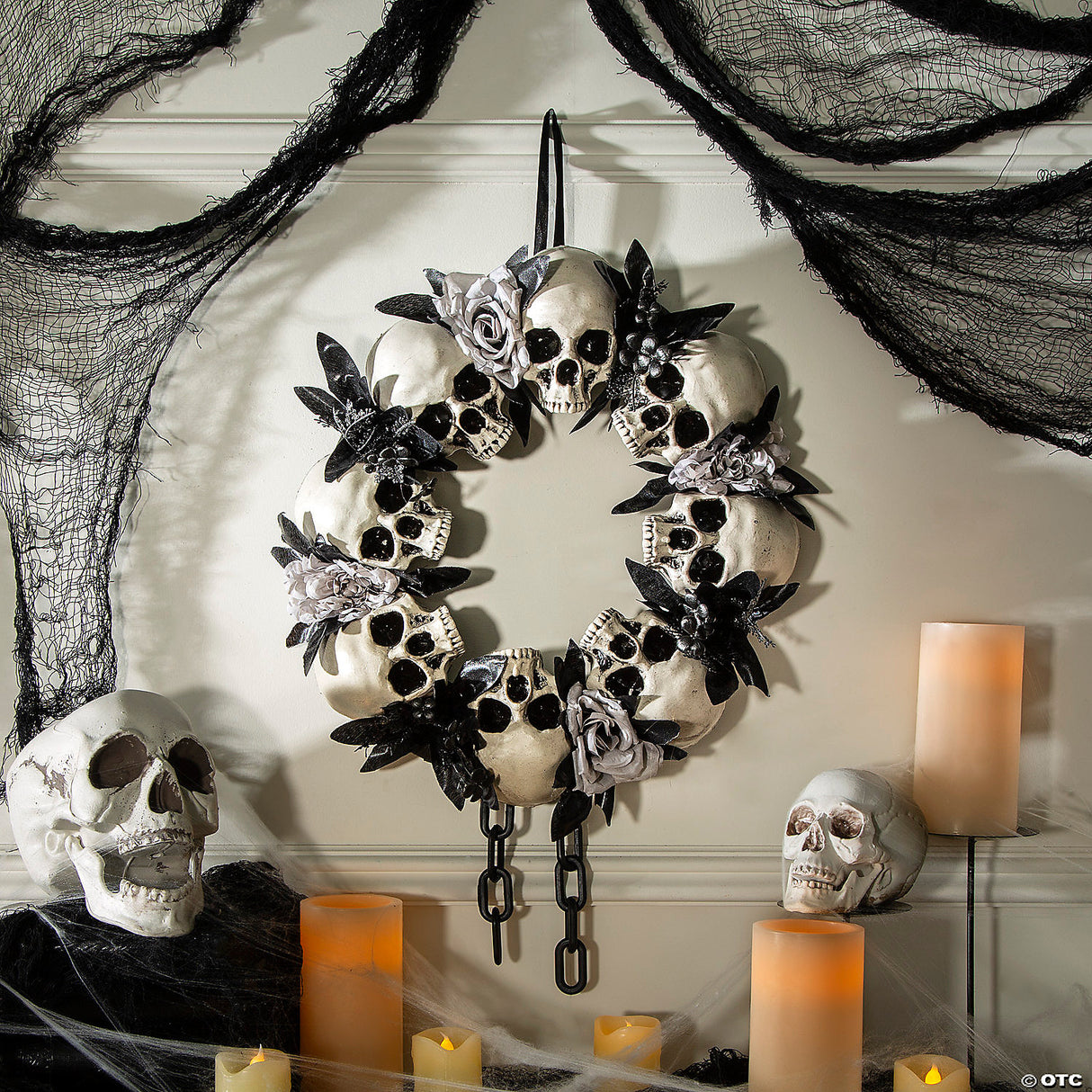 23 1/2" X 15 3/4" Skulls & White Roses Wreath Halloween Decoration