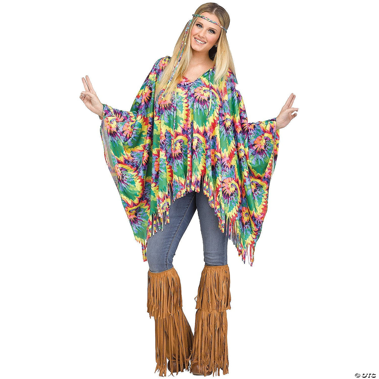 Adults Tie-Dye Hippie Poncho – Retro 60s Halloween Cosplay Party Outfit