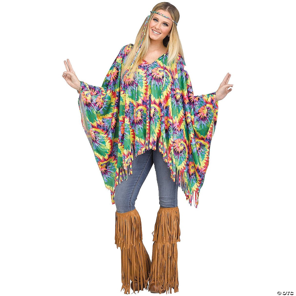 Adults Tie-Dye Hippie Poncho – Retro 60s Halloween Cosplay Party Outfit