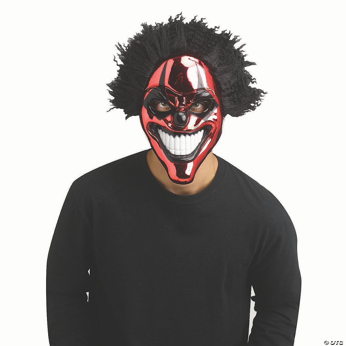 Adults Red Chrome Evil Clown Full Mask With Black Hair - One Size - Halloween