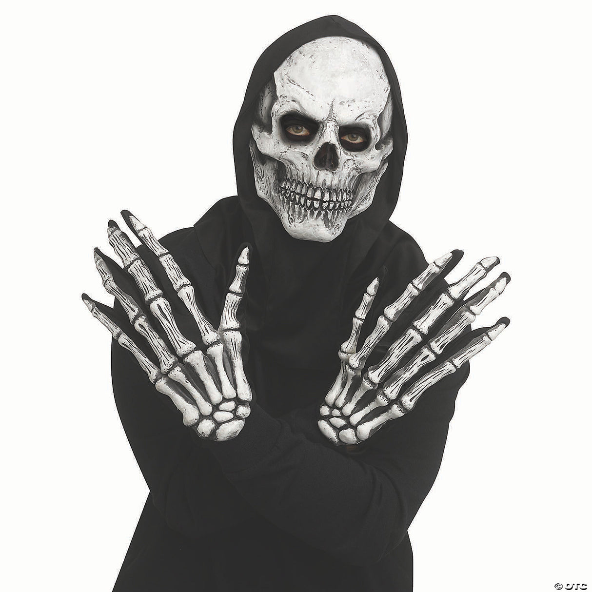 Adults Grey Skull Mask With Hood & Long-fingered Gloves - One Size - Halloween