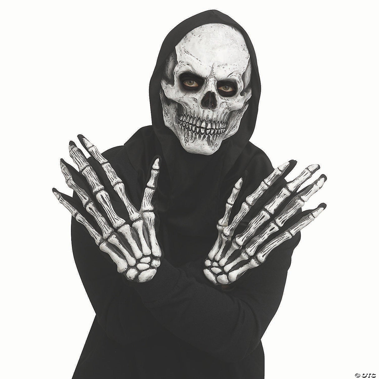 Adults Grey Skull Mask With Hood & Long-fingered Gloves - One Size - Halloween