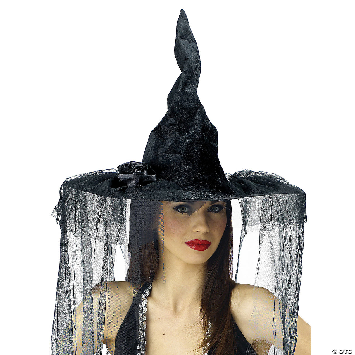 Adults Deluxe Black Velour Witch Hat With Rose & Veil