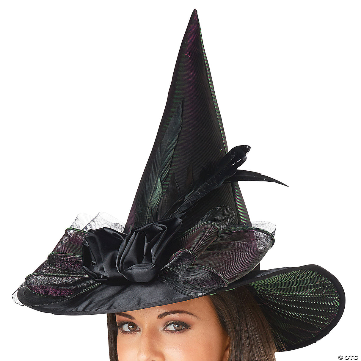 Adults Black Witch Hat With Bow & Feather