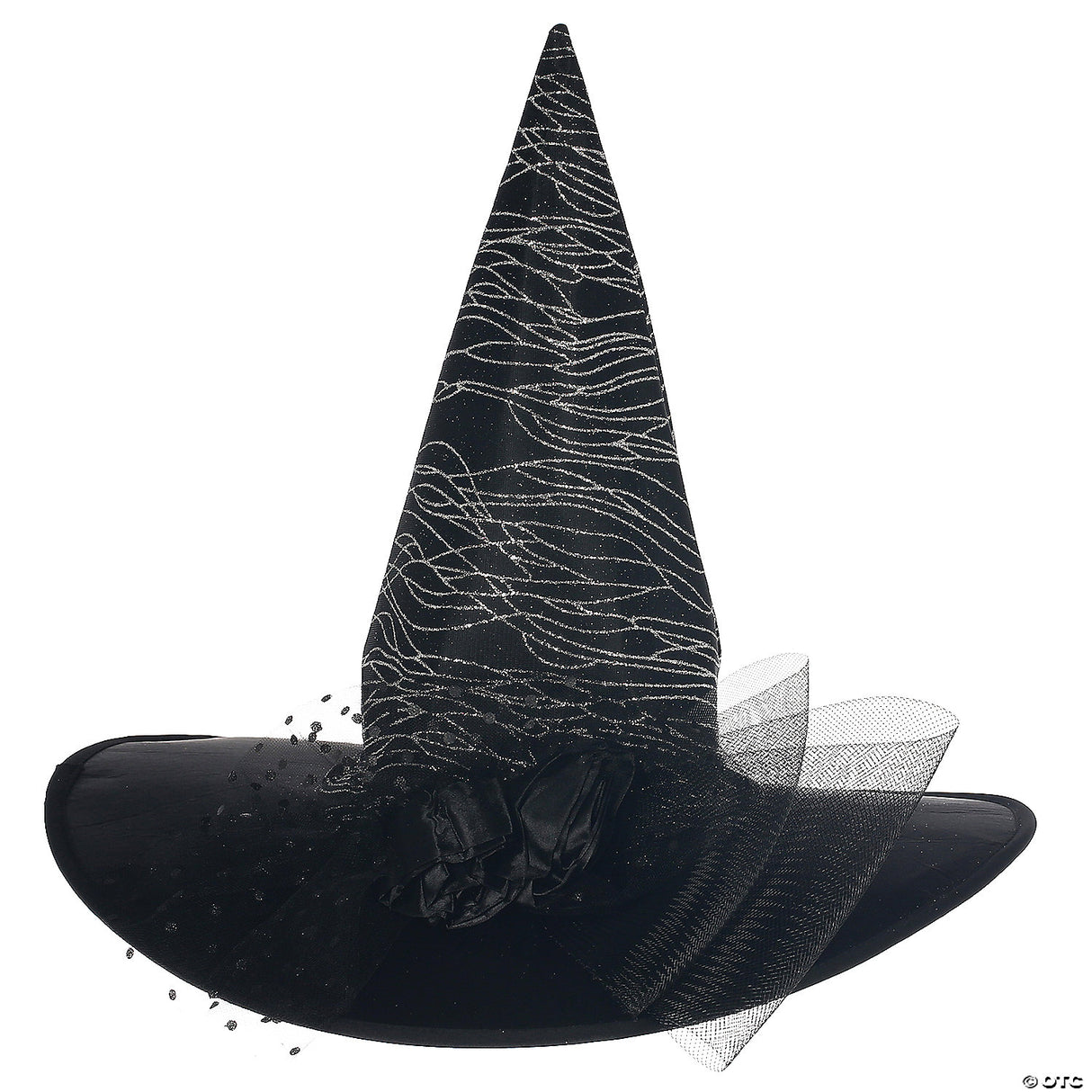 Adults Deluxe Black Witch Hat With Silver Glitter & Tulle