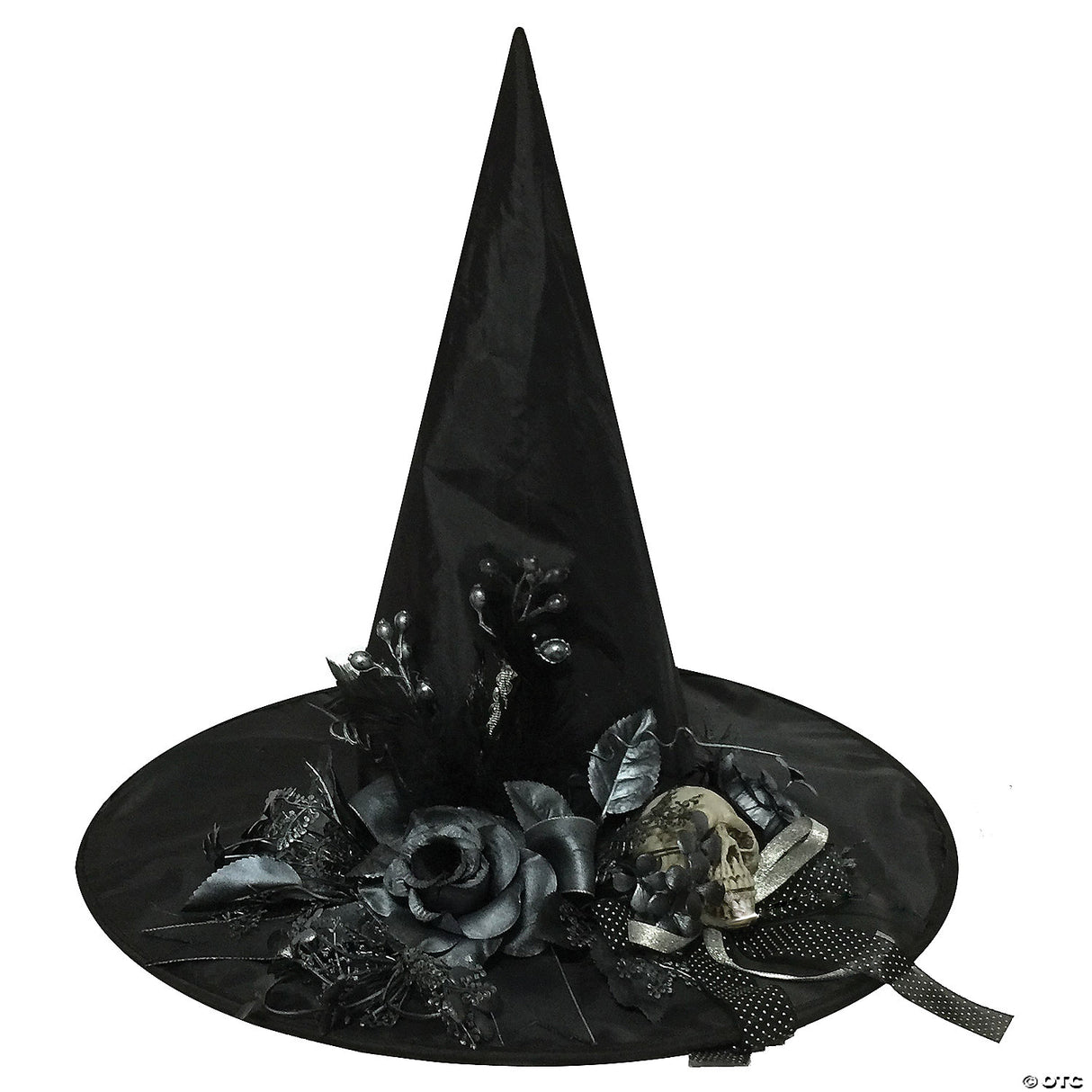 Adults Black Witch Hat With Skull & Flowers