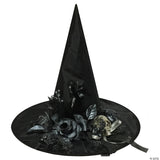 Adults Black Witch Hat With Skull & Flowers