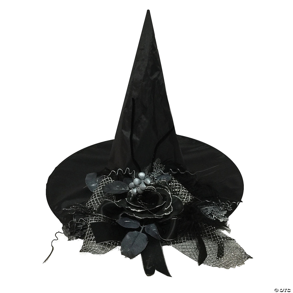 Adults Black Witch Hat With Rose & Ribbon