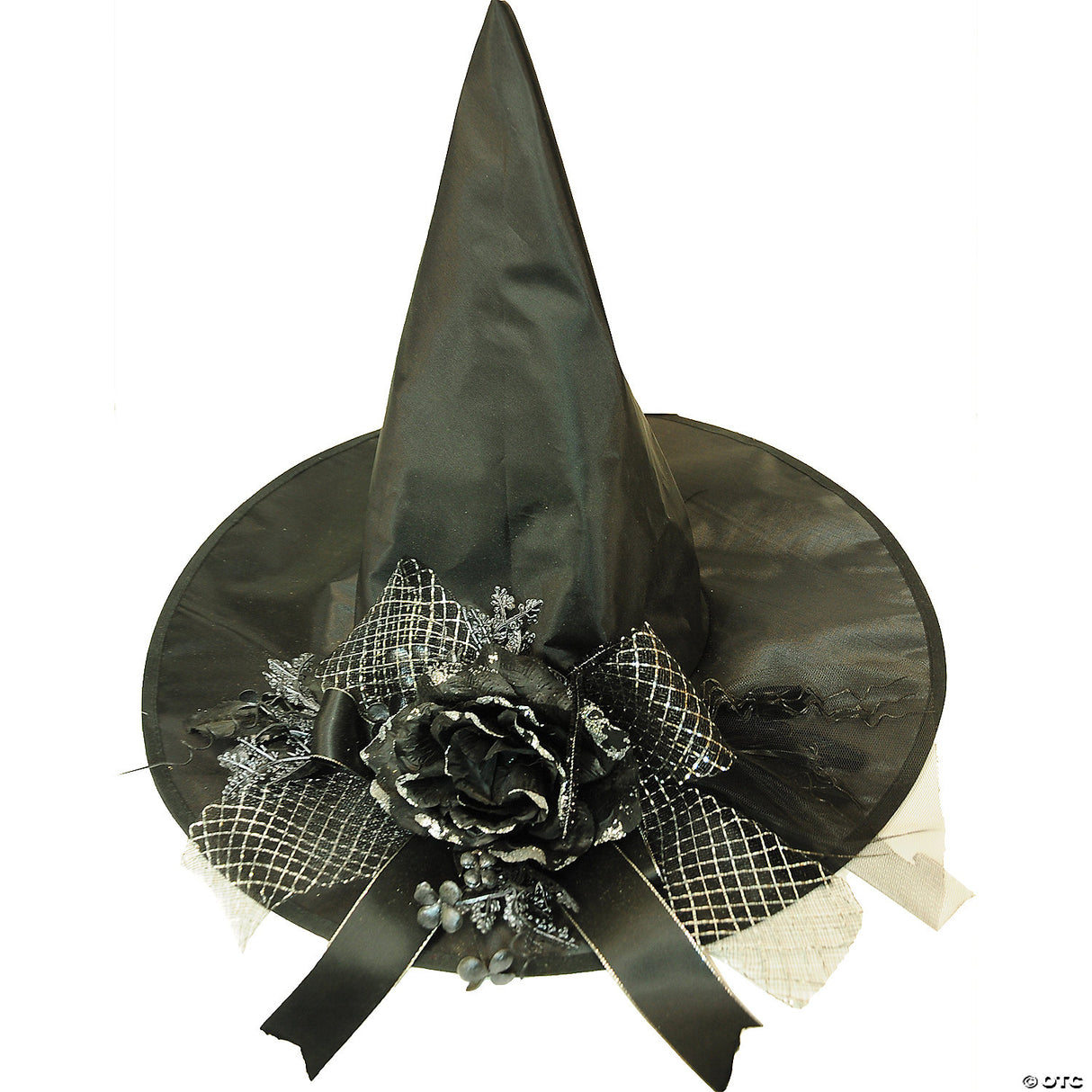 Adults Black Witch Hat With Rose & Ribbon